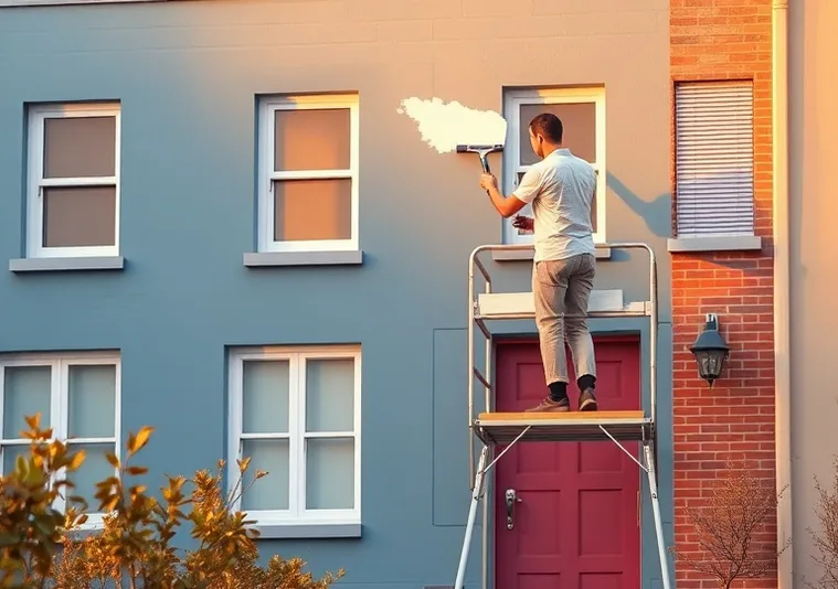 Peintre sur échafaudage traitant la façade d'une maison